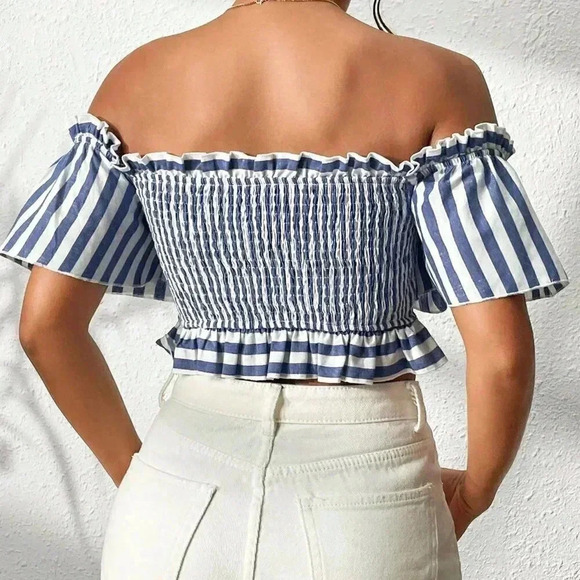 White & Blue Boho Womens Striped Off Shoulder Knot Front Frill Trim Crop Blouse - Picture 3 of 5